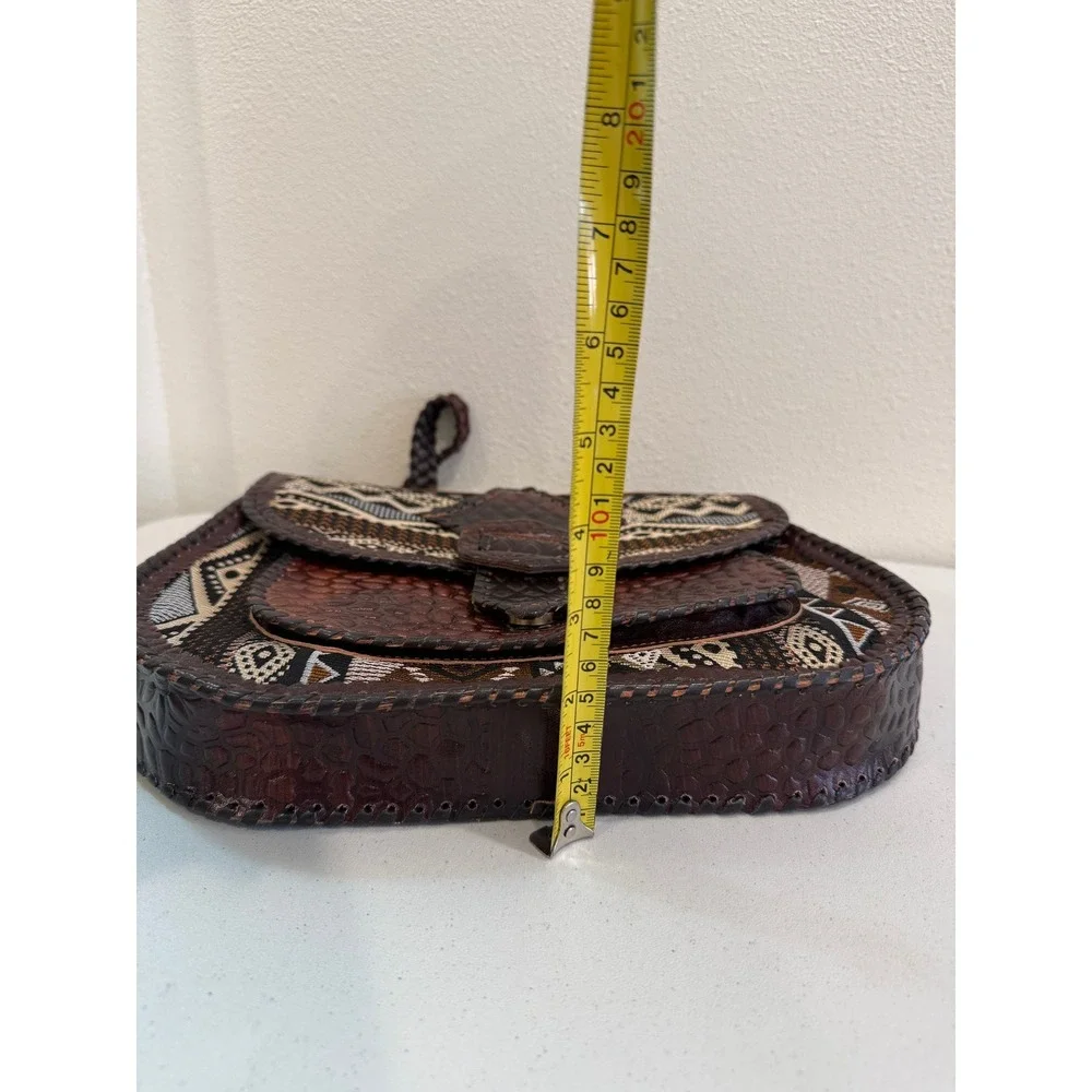 Artisan Tooled‎ Leather Woven Tapestry Crossbody Bag Boho Geometric Saddle Bag